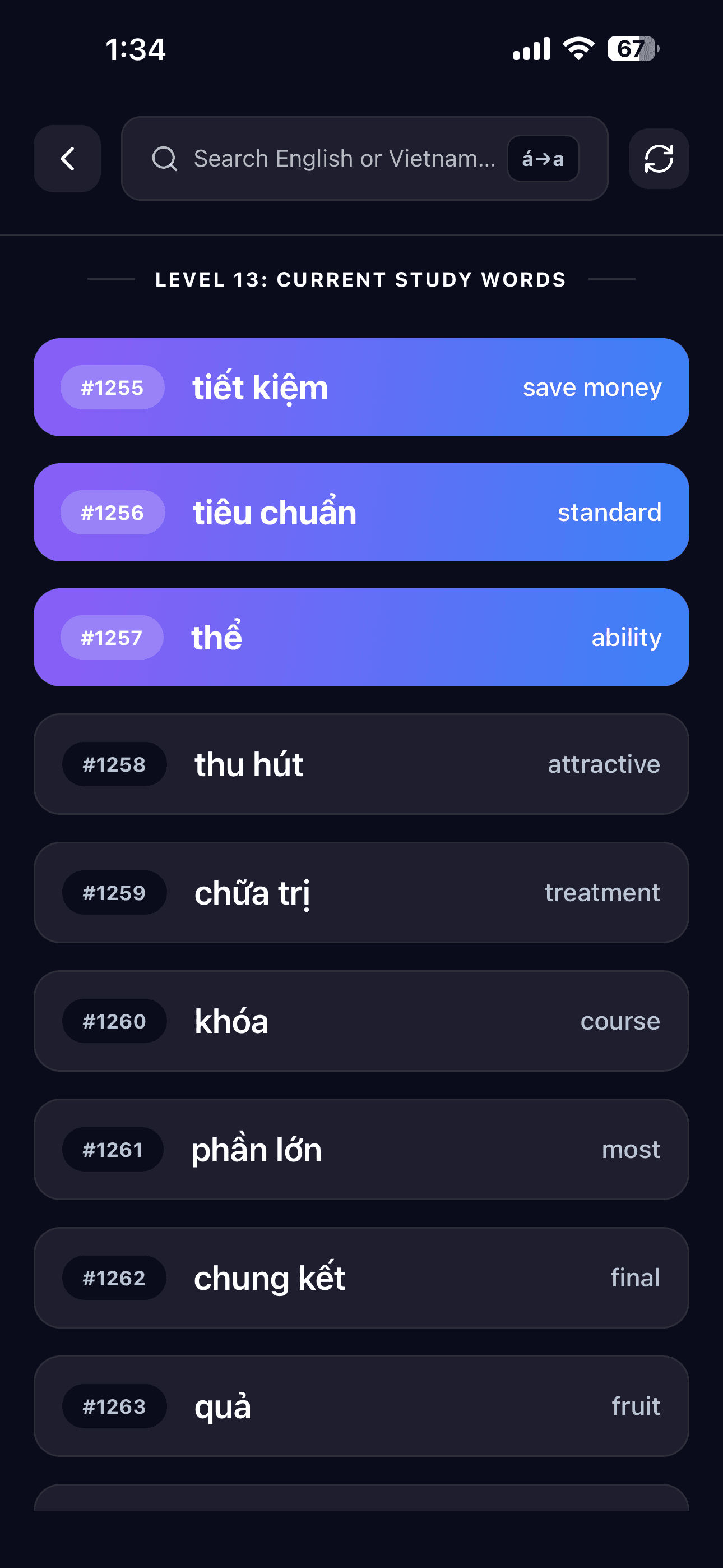 Frequency-ranked Vietnamese vocabulary list in the Podglot app