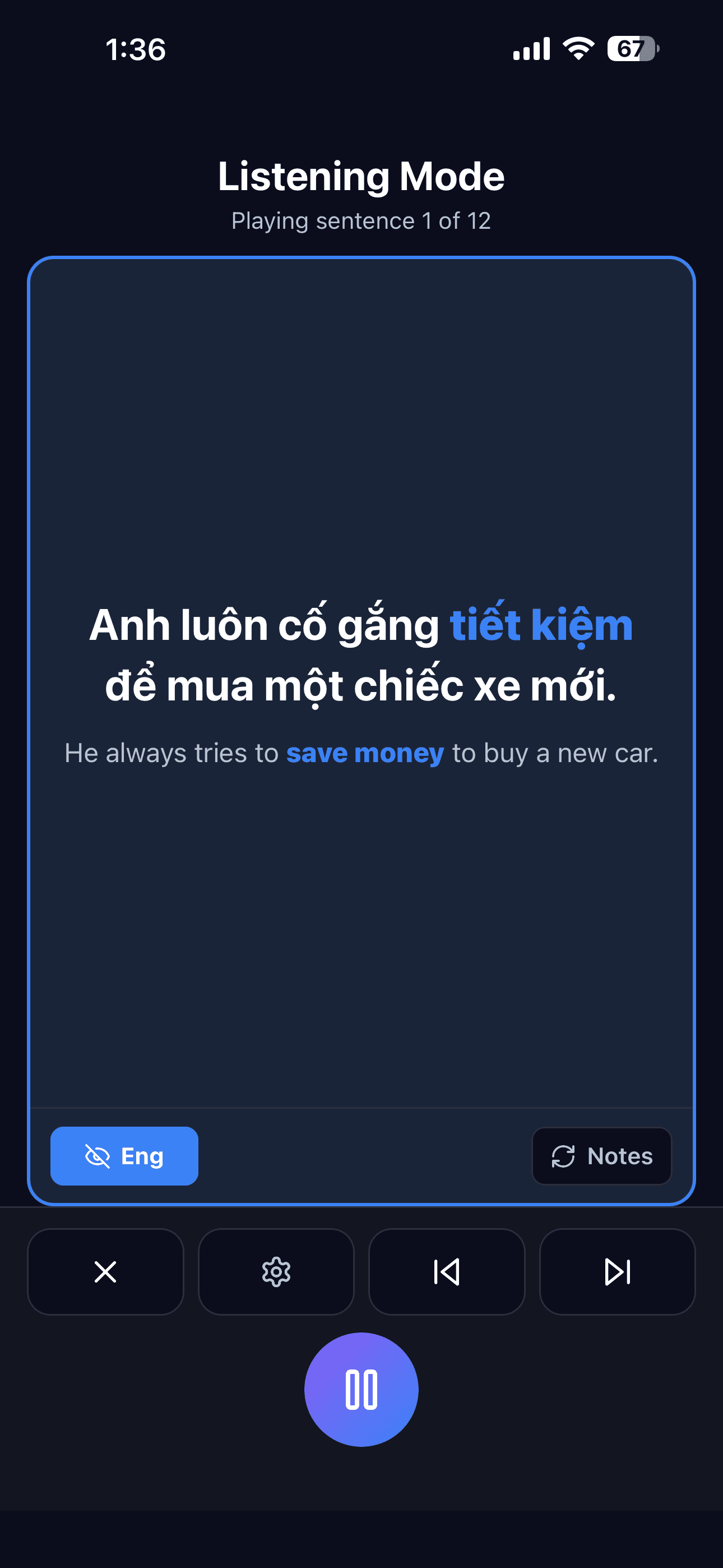 Listening mode playing a Vietnamese sentence with translation toggle